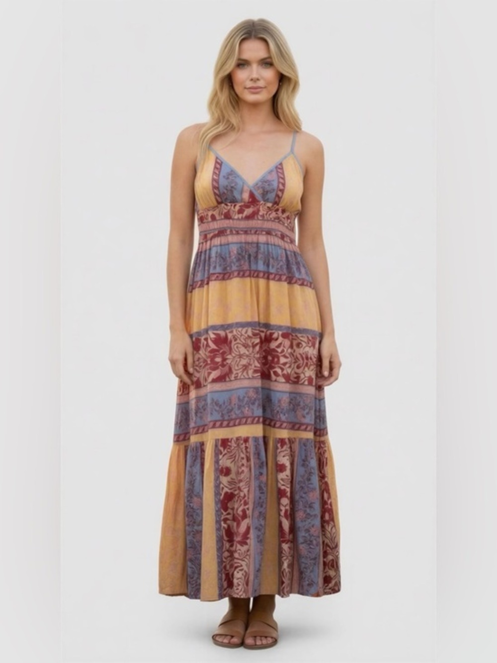 Bohemian Floral Stripe Maxi Dress in Yellow, Blue & Red